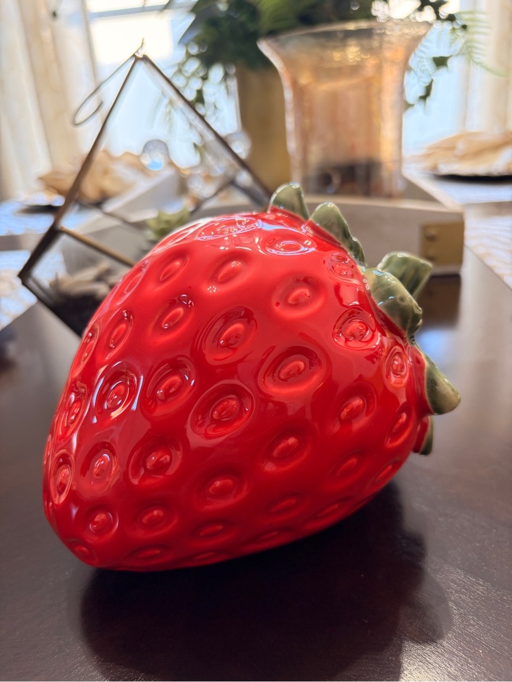 Glossy Ceramic Strawberry Accent Figurine - Red & Green -8” x 5”